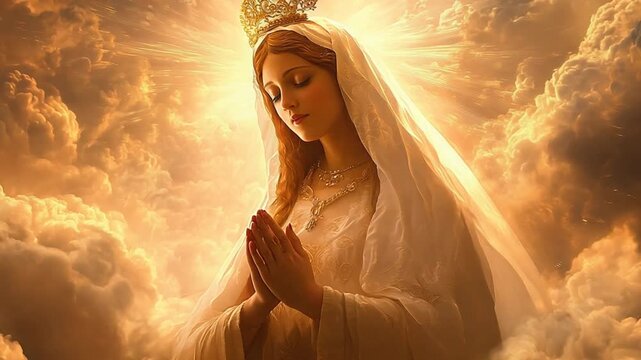 Nossa Senhora Aparecida is surrounded by billowing clouds. A warm light shone directly on her quiet face. Focus on the influence of light and shadow.