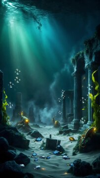 A mossy temple ruin on a dark and spooky seabed. Seamless 4K looping timelapse video animation generated AI