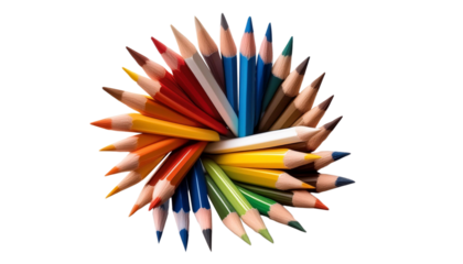 Top view of colorful pencils arranged in a circular on a white background. Ideal for art, creativity, and education concepts.