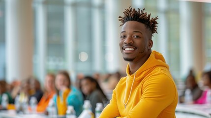 Fototapeta premium Happy Young Man Smiling at Camera in a Conference Room