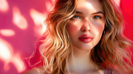 Fototapeta premium Professional photo of a woman with glamorous makeup and golden blonde hair in loose, bouncy curls, posing for a hair photoshoot.