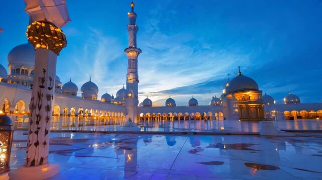 A beautiful, ornate building with a large, white dome. The building is surrounded by a courtyard with a large, white fountain in the center. The courtyard is illuminated by lanterns, creating a warm