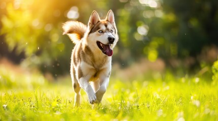 The joy and fun of a dog running around the garden on a sunny afternoon, with the dog's happy disposition and the outdoor environment creating a dynamic atmosphere.