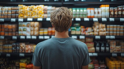 Close up rearview photography of a man in a supermarket or grocery store looking at the shelf full of products