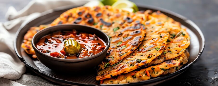 Indian snack of crispy herbinfused methi thepla with tangy pickle