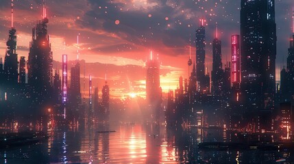 A 3D effect of a futuristic cityscape with towering skyscrapers and neon lights, creating a sense of depth