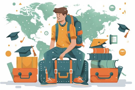 graduation season, a college student wearing a doctoral cap is sitting on a suitcase studying travel plans.