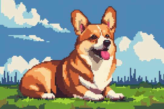 Portrait of corgi dog in pixel art video game style  