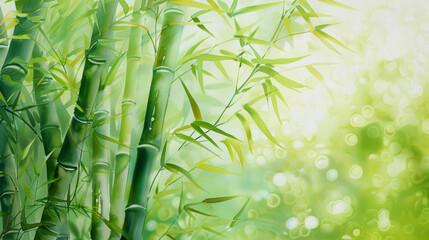 Obraz premium Close-up of vibrant green bamboo stalks with leaves against a lush, blurred green background with bokeh. Watercolor painting. 
