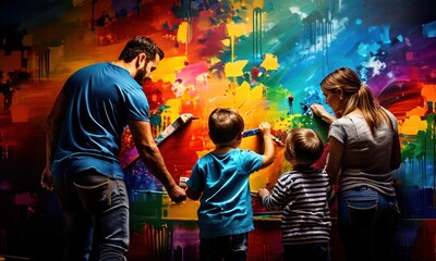 Fototapeta premium Family, Family Bonding Over Art - A Colorful Mural
