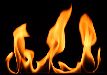fire on a black background, burning and hot flames, close view