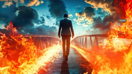Obraz premium Back view of a businessman walking on a bridge surrounded by flames at dusk. Dramatic, contrasting colors emphasize the concept of career crisis and work stress.