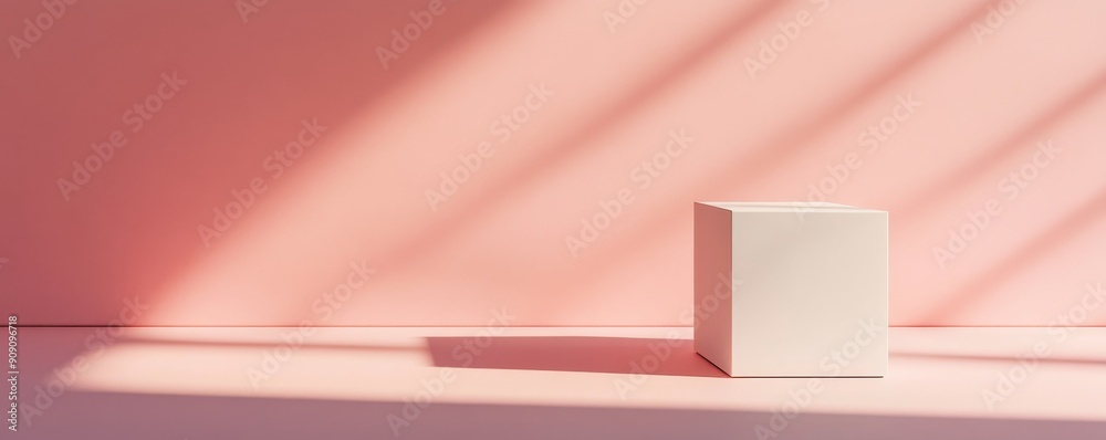 Poster white cube on a pink background with shadow patterns, minimalist aesthetic concept
