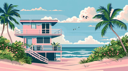 South beach Miami in pastel colors flat vector art style illustration  