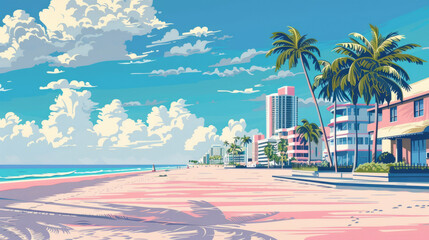Obraz premium South beach Miami in pastel colors flat vector art style illustration 