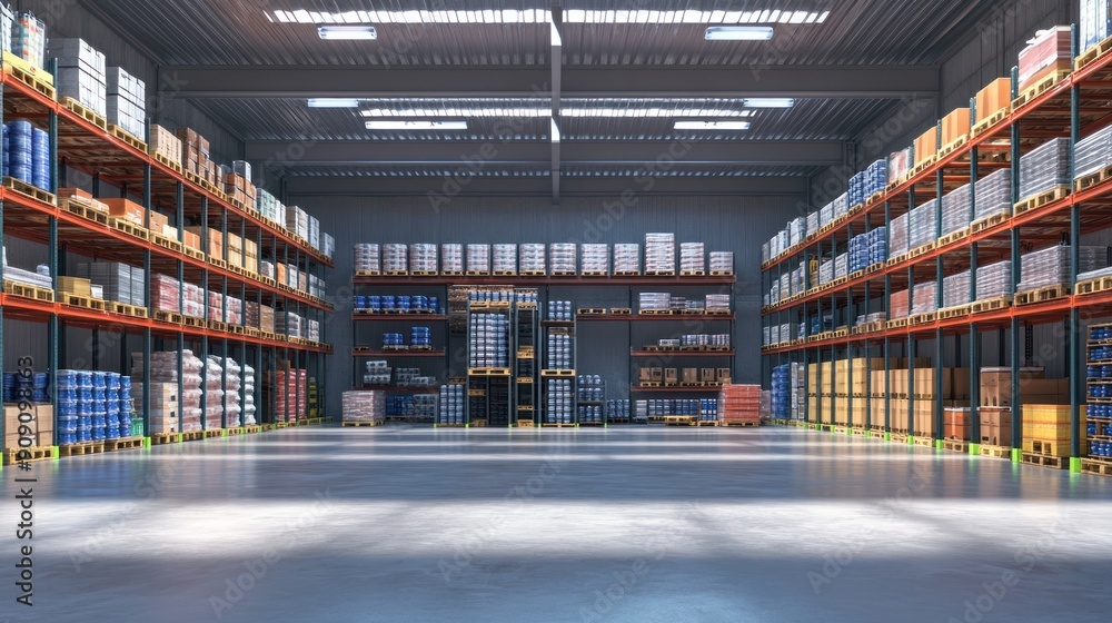 Poster an empty warehouse with rows of pallets and goods on shelves