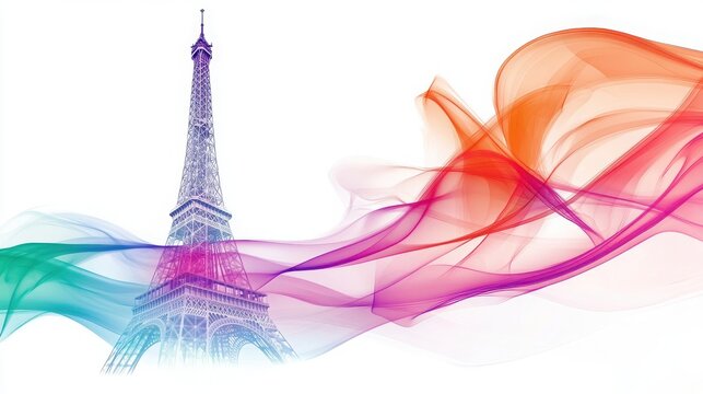 Abstract background with the Eiffel Tower in Paris, colorful, white background,