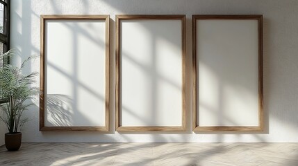 Fototapeta premium Three vertical white blank wooden framed wall art mockups leaning against the wall in an empty modern room with parquet floor