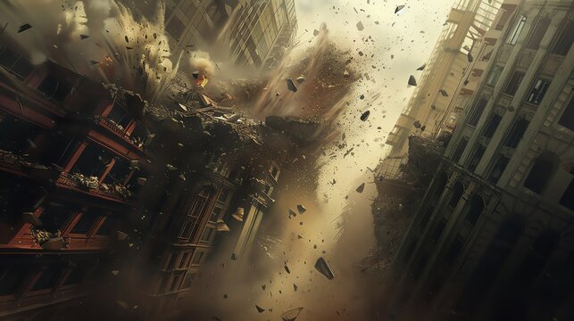 Dramatic depiction of a city under destruction, buildings collapsing amidst smoke and debris, illustrating chaos and devastation, anime background
