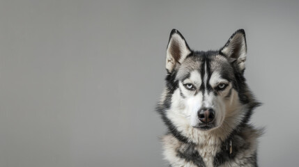 Obraz premium Siberian husky dog with moody angry face isolated on clean background with copy space on the side