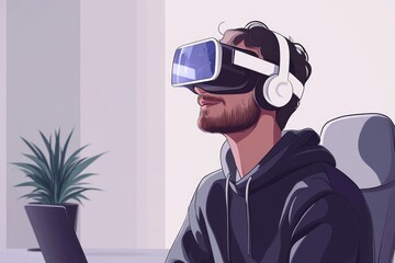 Virtual Conference Adventures: Cheerful Cartoon Digital Nomad Participating in Online Meeting