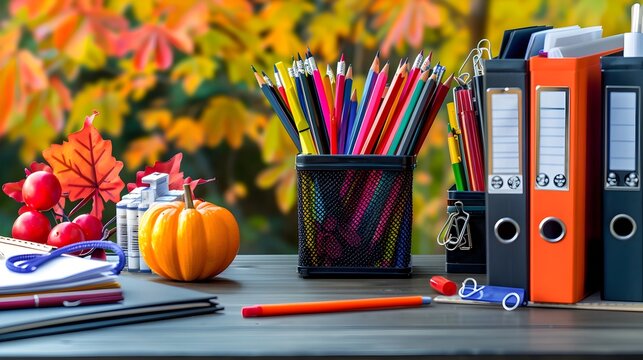 Vibrant Back to School Office Supplies on Desk with Autumn Backdrop