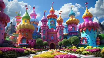Obraz premium A groovy cartoon castle with vibrant towers, funky knights, and colorful patterns creating a lively and whimsical environment