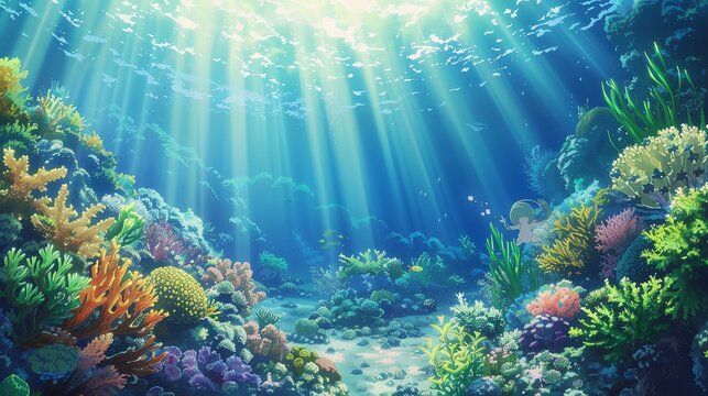 Underwater scene with vibrant coral reef, colorful fish, and sunlight filtering through the clear blue water creating a serene and lively atmosphere, anime background