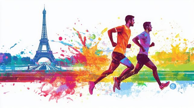 Olympic Games in Paris Eiffel Tower and two male runners in vector style with paint splashes on a white background. Illustration