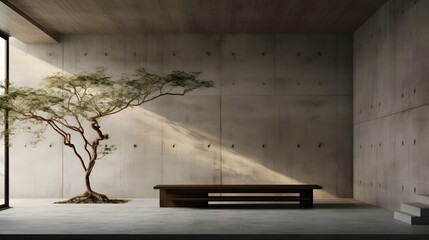 Modern zen interior with a bonsai tree and soft lighting.