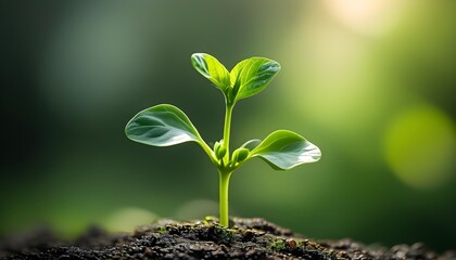 A small green plant grows in the soil with a vague and soft background, showing vitality.