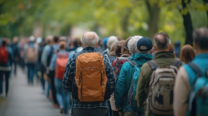 A long queue of people seen from the back, waiting in line outdoors with varied scenery