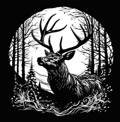 Black and white hand-drawn vector illustration of a wild cervid with antlers. vintage engraving style design featuring a stag's head, perfect for christmas, wildlife, hunting, and forest-themed eleme