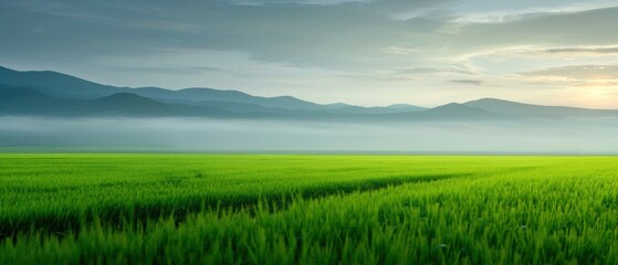 Obraz premium Tranquil Green Field with Foggy Mountains