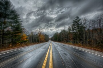 Fototapeta premium A blurred road stretches into the distance, flanked by trees under a cloudy sky