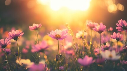 Pink Cosmos Flowers in a Field with a Golden Sunset
