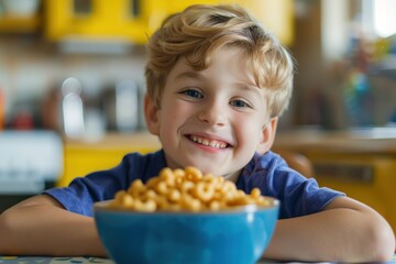 a cute little white american kid child boy eating cornflakes porridge for breakfast