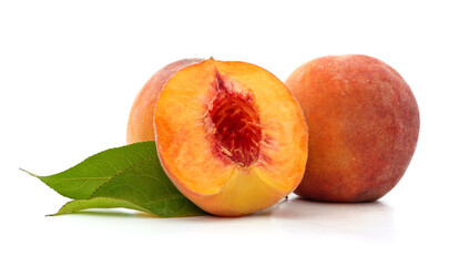 Sliced peach and leaves.