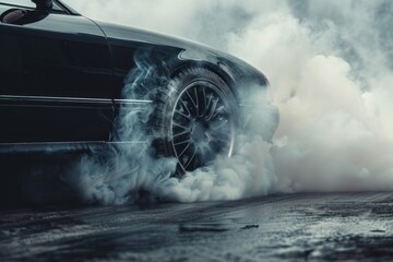 Close-up of a black car with drifting wheels in a cloud of smoke. Tire rubbing, drifting on a car or sports car
