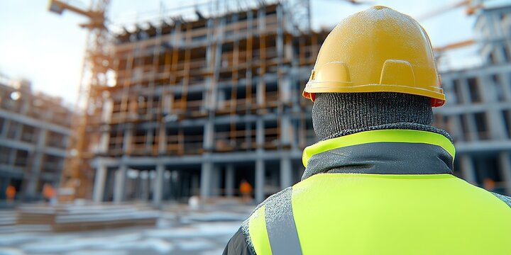 Construction Worker in Cold Weather at Building Site