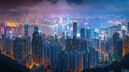 Fototapeta premium Top view of Hong Kong's vibrant skyline from Kowloon at night, showcasing the city's colorful lights and dynamic nightlife scene