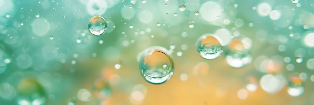 A soft, blurred background featuring droplets of water with a mix of blue and yellow hues, creating a microcosmic effect