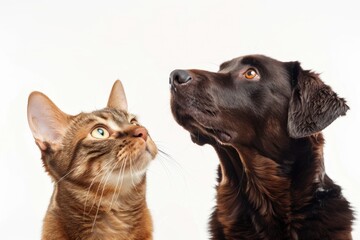 Curious Dog and Cat Gazing Upward Against White Background