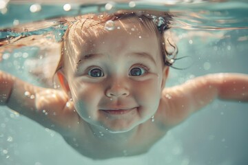 Cute little baby swimming underwater in the pool, smiling at the camera. Underwater kid portrait in motion