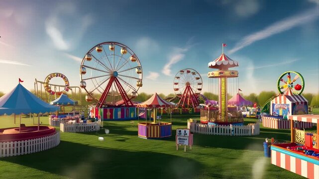 Ferris wheel at a festival in a park with green grass. happy and joyful atmosphere. Seamless 4K looping timelapse video animation generated AI