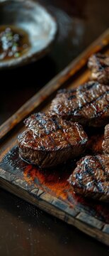 Perfectly grilled Wagyu ribeye with rich marbling, presented on a rustic wooden tray, delicious texture highlighted by soft natural light, close-up for detailed view