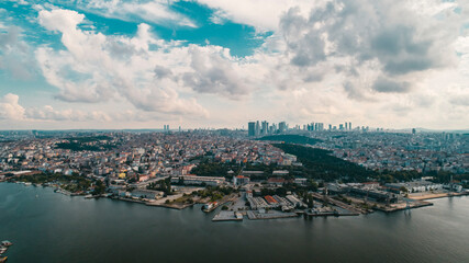 Panoramic aerial drone view of the buildings and living spaces on the peninsula on a cloudy day in Istanbul, Turkey.