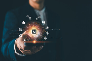 Ai technology concept, Artificial Intelligence. man using technology smart robot AI, Futuristic technology transformation. Chat with AI