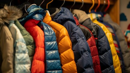 Little boys child size jackets coats and sweaters hanging in a kids closet with colorful hangers