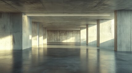 An empty, dark abstract concrete room interior, highlighting the raw and industrial ambiance. 3D illustration.